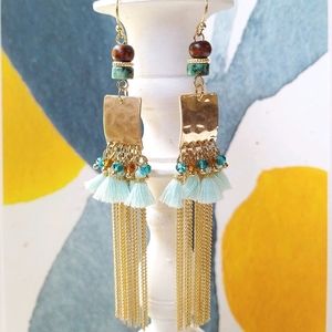 Chain Fringe Earrings 14k Gold Tassel Teal Boho